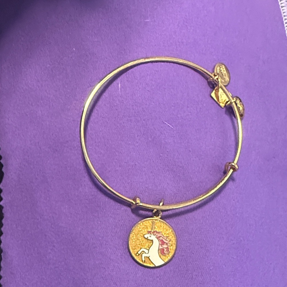 Alex and Ani Gold Unicorn Charm Bangle with White and Pink Accents